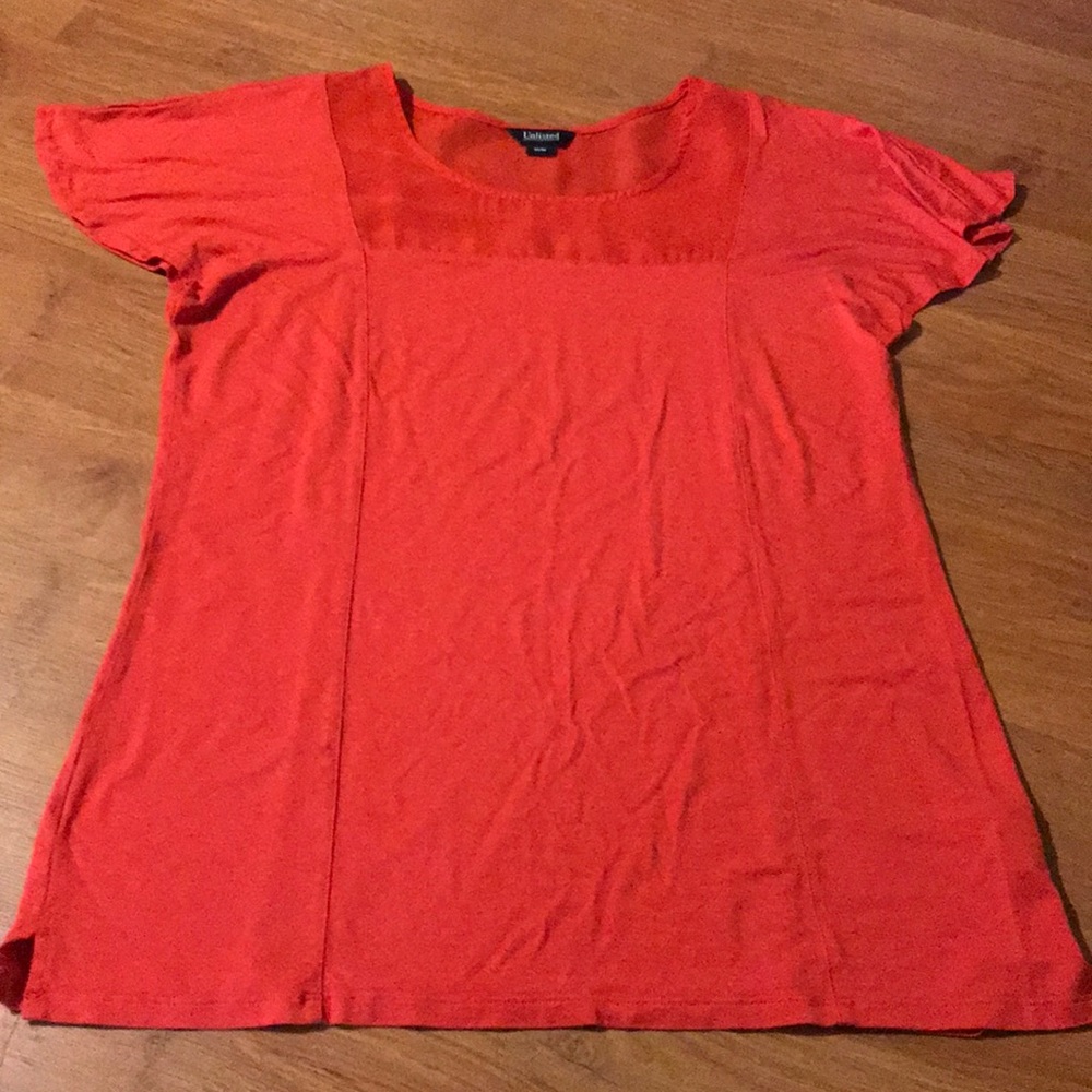 Orangy red top and sheer black top